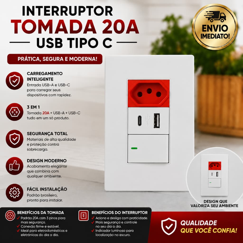 Tomada Modular 20A com Interruptor USB Tipo C USB A Bivolt 3 em 1 Carregador de Parede
