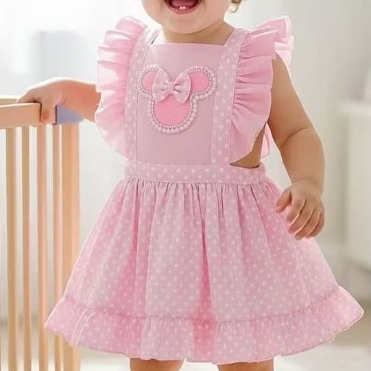Jardineira Minnie rosa romper temático Minnie vestido infantil Minnie rosa fantasia minnie