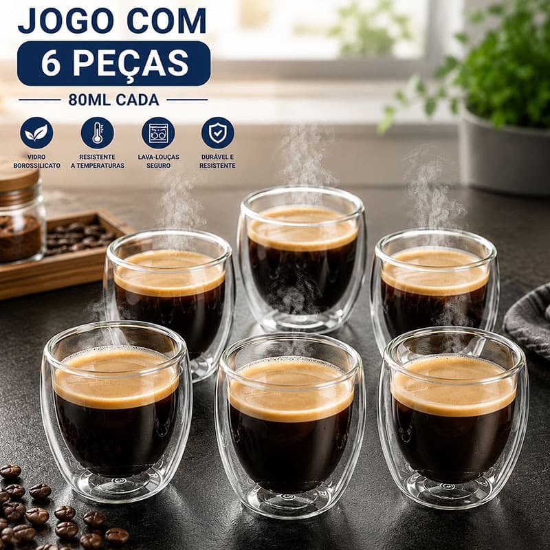 Kit 6 Copo Xícara Parede Dupla Vidro Café Shot Dose Moderno Chique Cantinho Café Escritório