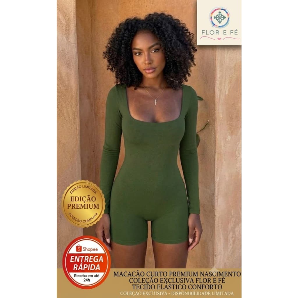Macaquinho Manga Longa Todo em Elastano Modela o Corpo Fany Curto Manga Longa