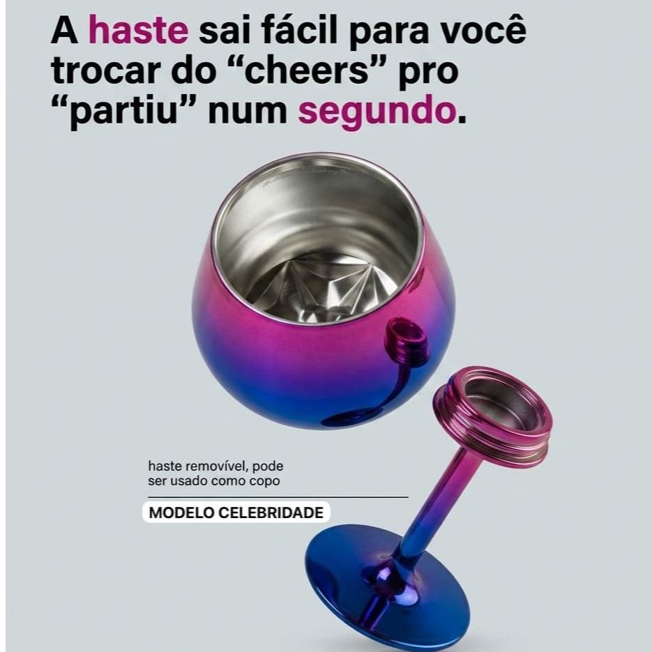 Top Taça Térmica 2 em 1 Copo 414ml Haste Removivel Celebridade Brilhante Mantém Gelada Bebida
