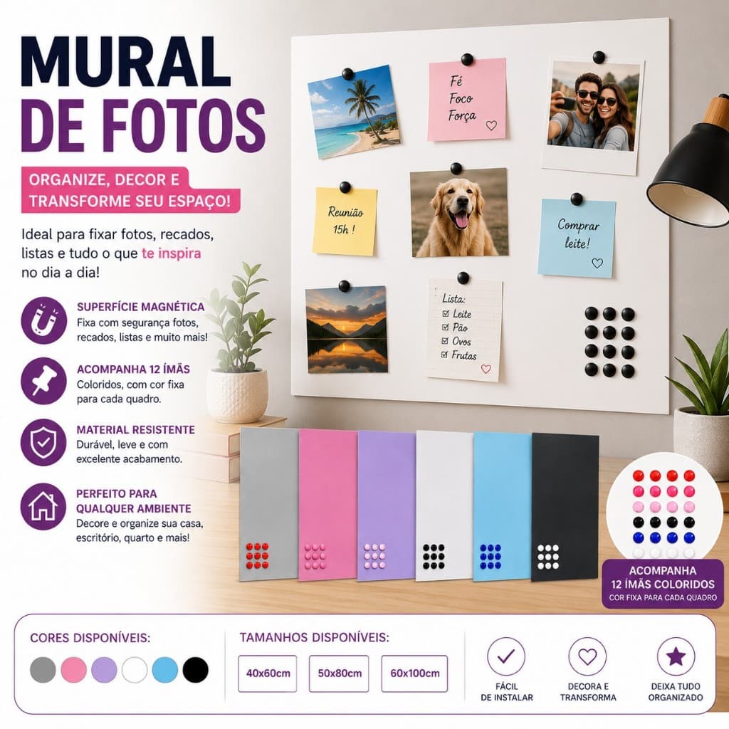 Painel Metálico VÁRIAS CORES e TAMANHOS Mural De Fotos Recados Notas Lembretes Quadro + 12 Imãs