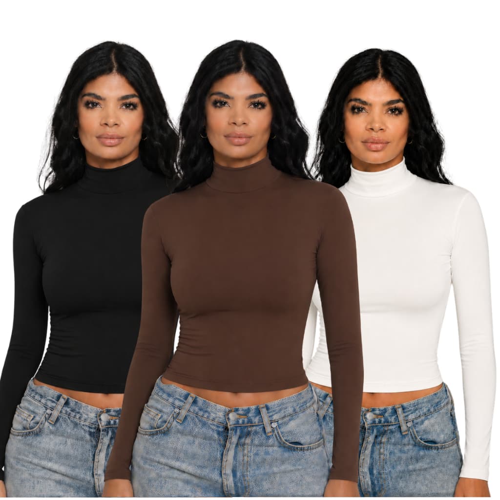 KIT 3 - Blusa Feminina Manga Longa Gola Alta Segunda Pele Básica Gola Estendida Justa Confortável Inverno