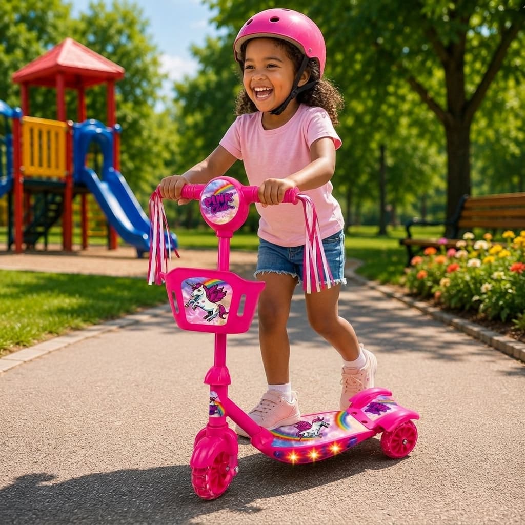 Patinete Infantil 3 Rodas Luz Led Com Cestinha Ajustavel Seguro Brinquedo Infantil
