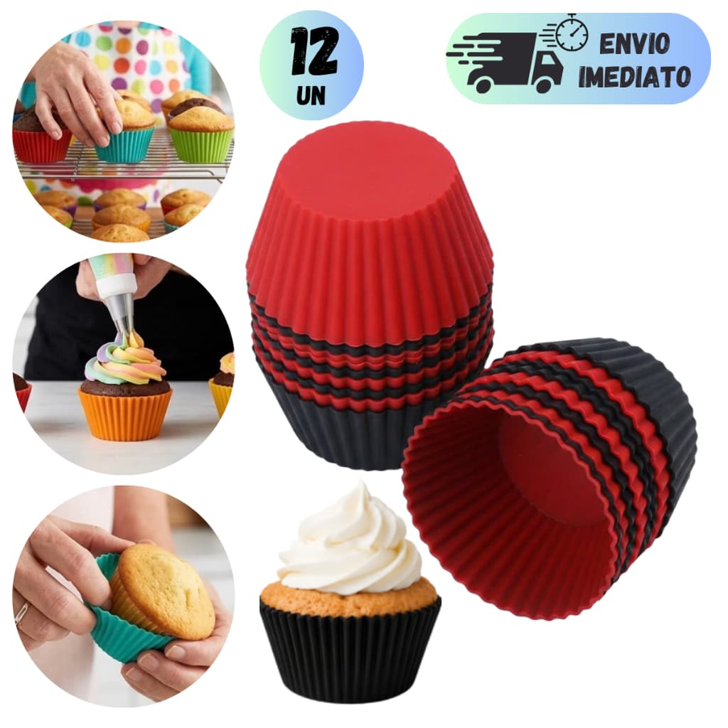 FORMA DE CUPCAKE SILICONE KIT ANTIADERENTE PARA MUFFIN MINI BOLO E EMPADA USO EM FORNO AIR FRYER PRETA E VERMELHA
