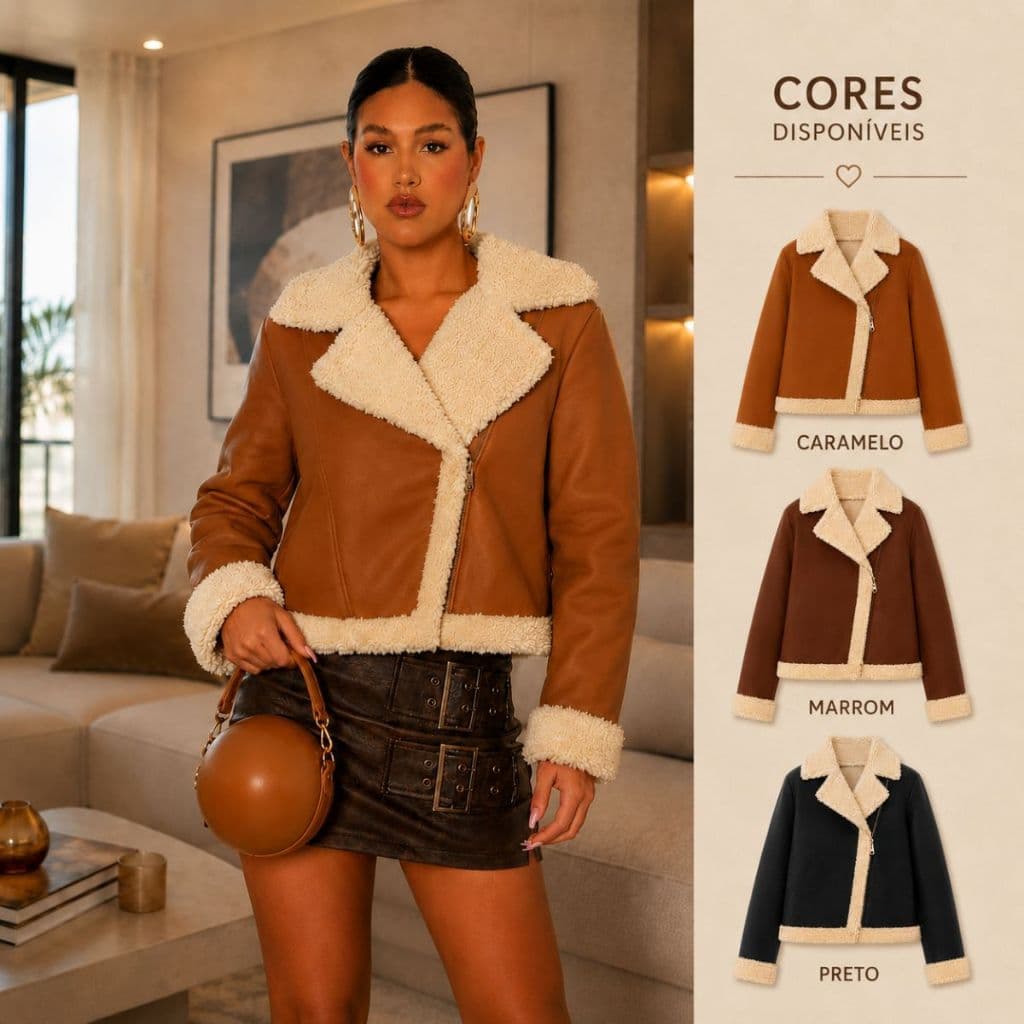 Jaqueta Feminina Aviador Couro Peluciada Sherpa Forrada Inverno Quente Moda Blogueira Premium