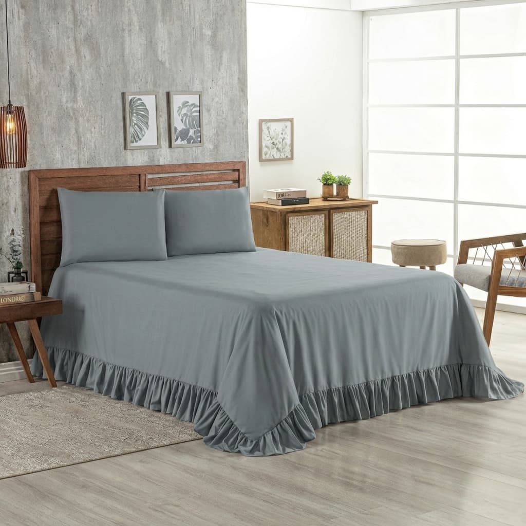 Kit Colcha Cobre Leito 400 fios Casal 3 peças Premium Lisa com Babado Com Porta Travesseiro