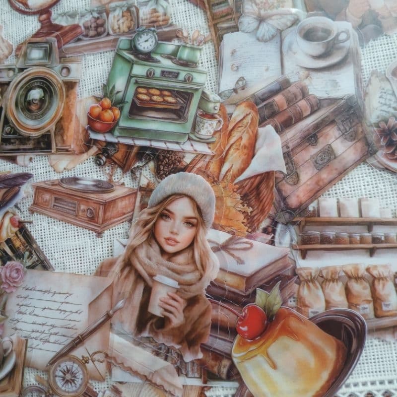 50 adesivos tema cafeteria cozy transparente scrapbook bullet journal planner colagens