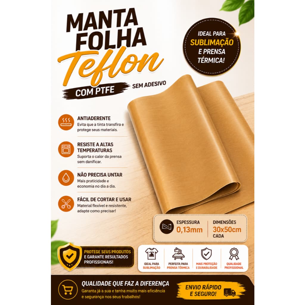 Manta Teflon PTFE 0,13mm 30x50cm Sem Adesivo para Sublimação, Alta Temperatura e Antiaderente