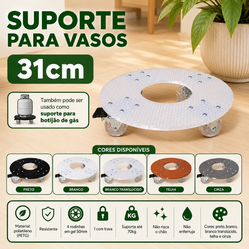 Suporte Para Vaso De Planta ou Botijão de Gás - Redondo com Rodinhas - Tamanho 31cm - envio rápido