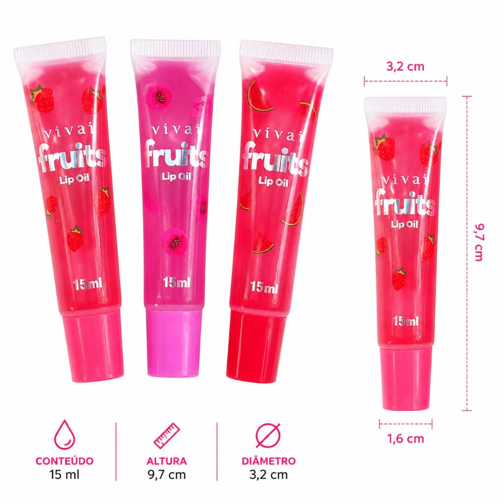 Kit 3 Lip Oil Gloss Labial Vivai Fruits Hidratante 15ml