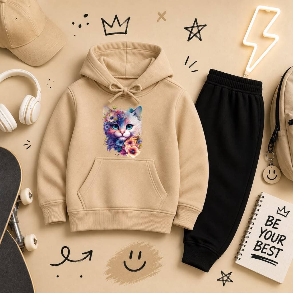Conjunto Moletom Infantil e Juvenil Premium Flanelado Estampa Personalizada Gata Colorida Florida Confortável
