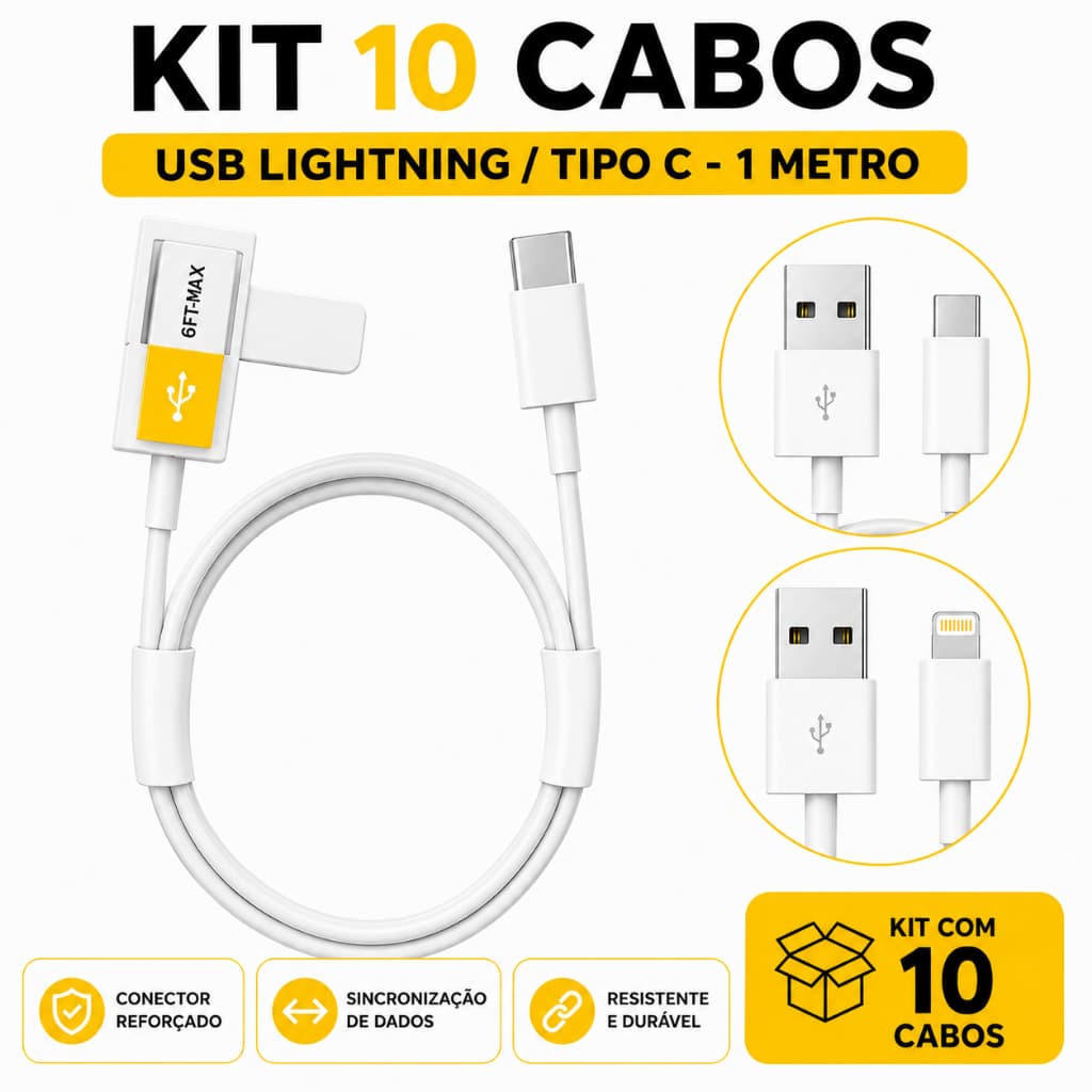 Kit 10 Cabos USB Lightning IOS Carga Rápida