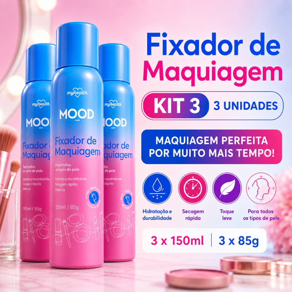 Kit 3 Fixador de Maquiagem Spray My Health Mood 150ml Secagem Rápida Fixação Duradoura