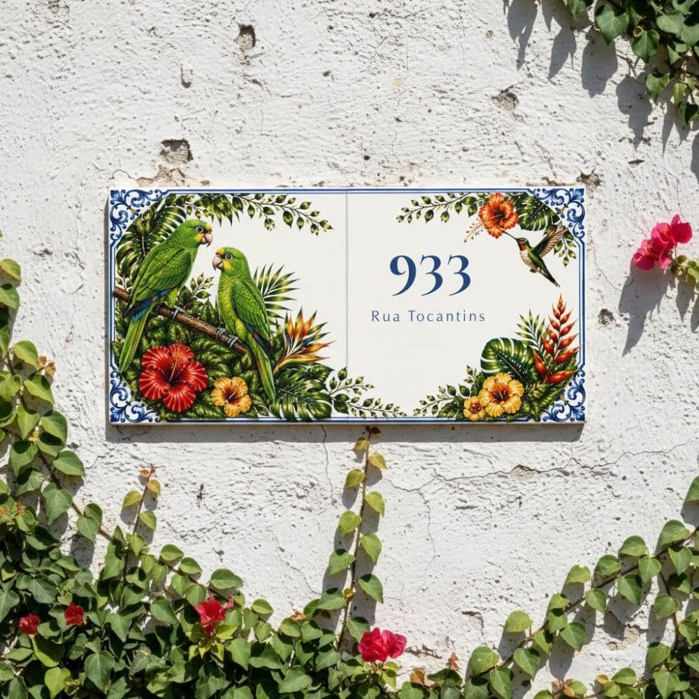 Azulejo Residencial Personalizado 2 peças - Número Residencial  30,6 x 15,3cm - Placa  | Coleção Fauna Tropical