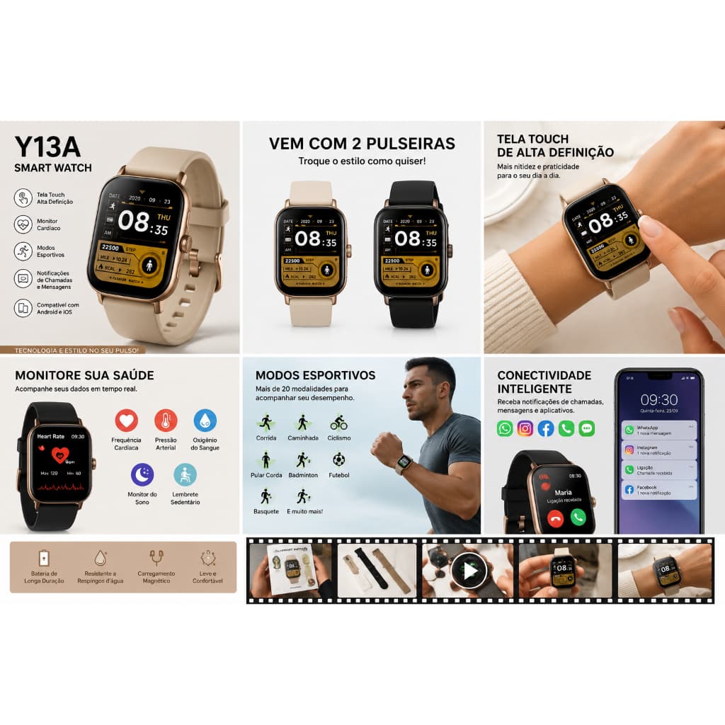 Smartwatch Y13A Bluetooth Tela Touch Monitor Cardíaco Esportivo Android iPhone Dourado Quadrado