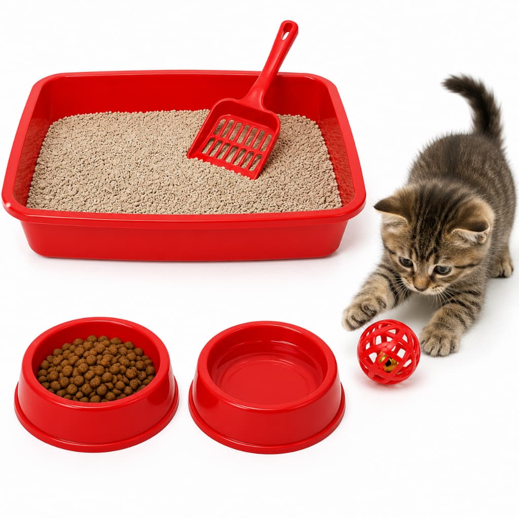 Caixa de Areia para Gatos Kit Completo 5 Peças Bandeja Sanitária 2 Comedouros Pá Higiênica Bolinha com Guizo