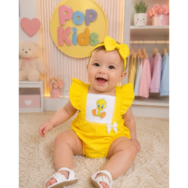 Jardineira romper PiuPiu Infantil Looney Tunes Fofo Look piu piu Body Tematico Mesversario Piu Piu Amarelo Fantasia Body
