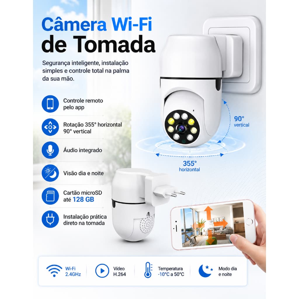 Câmera de Segurança Wi-Fi Full Hd Visão Noturna Na Tomada Jt-8178 Câmera Espiã Câmera Wifi Tomada