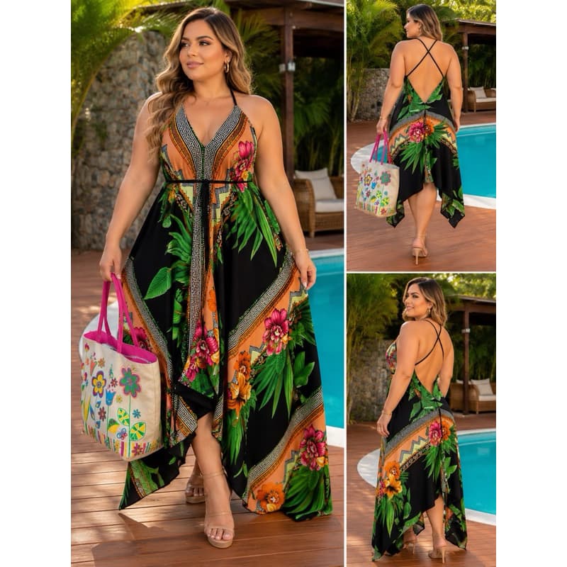 Vestido Longo Tamanho Único Feminino Estampado Estilo indiano, Moda Verão