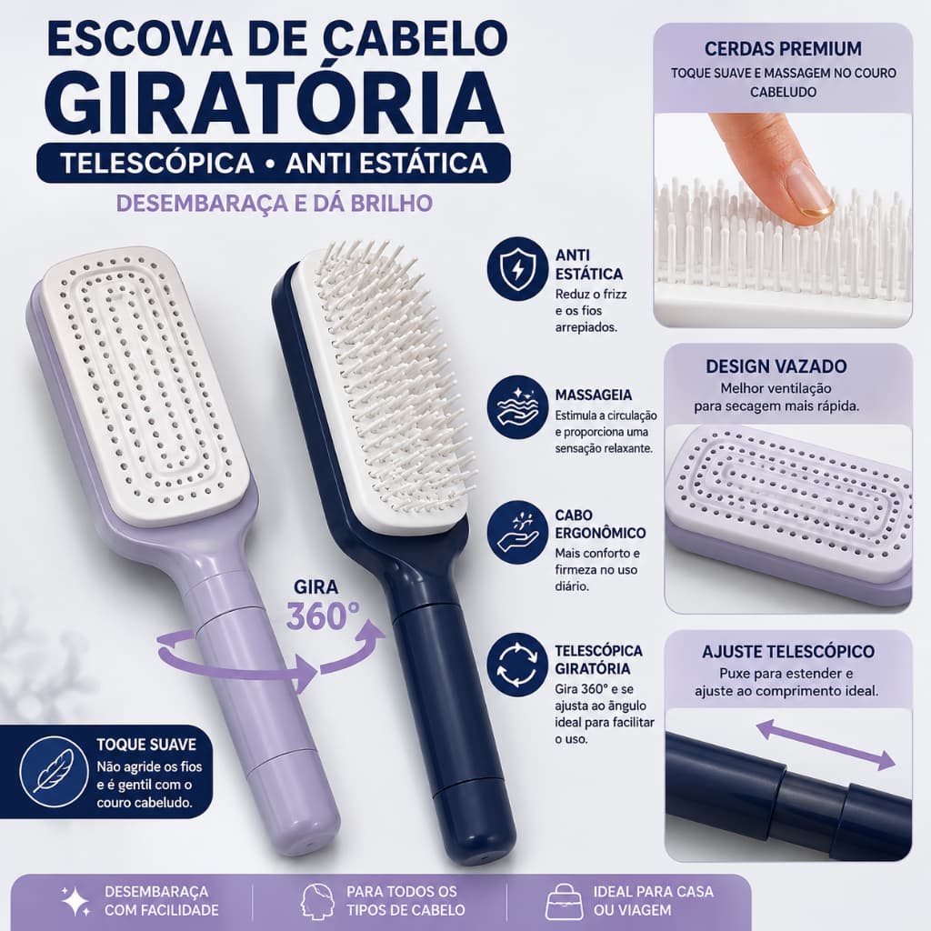 Escova de Cabelo Retrátil Giratória 360° Antifrizz Antiestática Massageadora Desembaraçadora