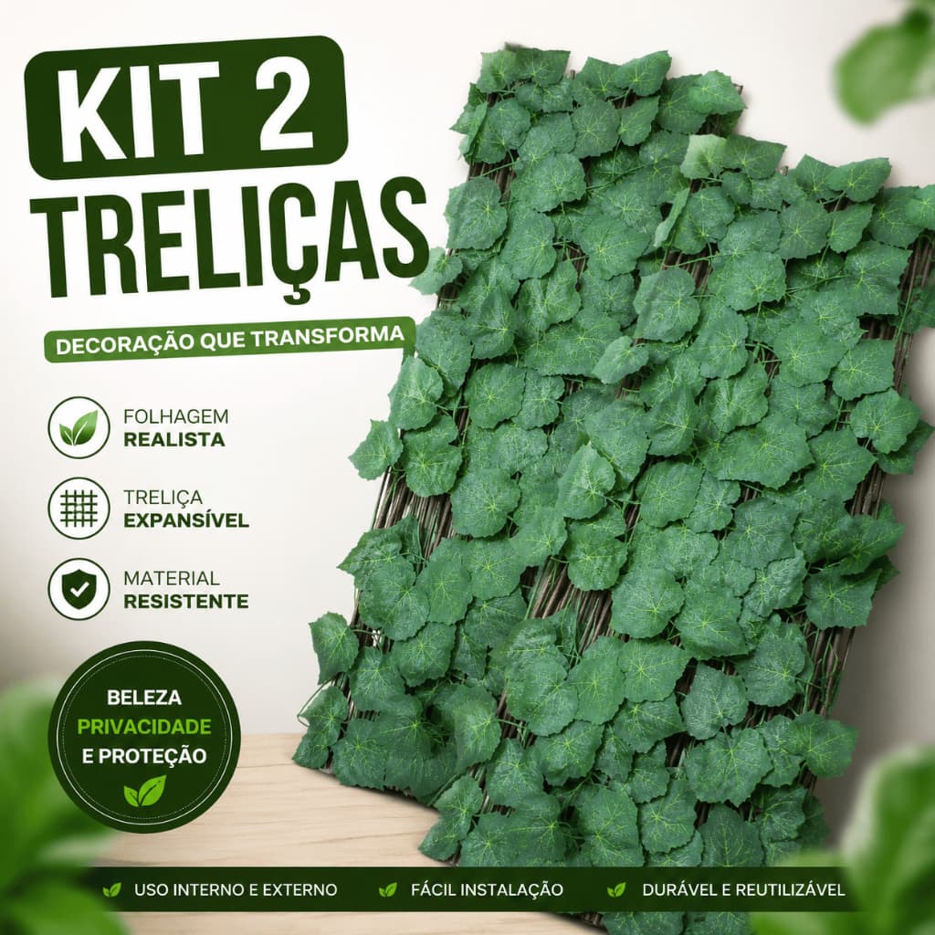 Kit 2 Treliça Madeira tratada Folha artificial Gradil Jardim painel Decoração Plantas Flores Sanfona