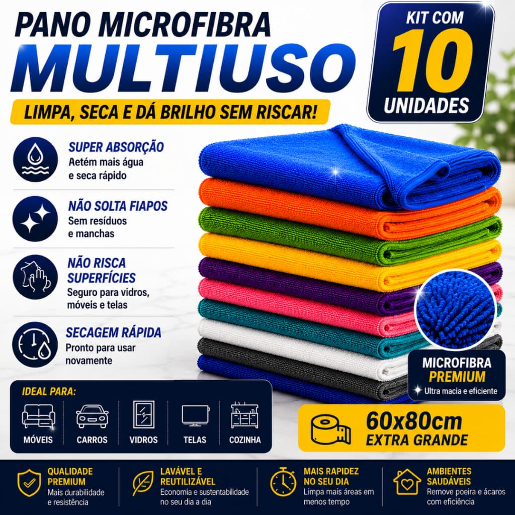 Panos De Chão Grandes Em Microfibra 80x60cm Neves Kit 10 Atacado Cor Sortida