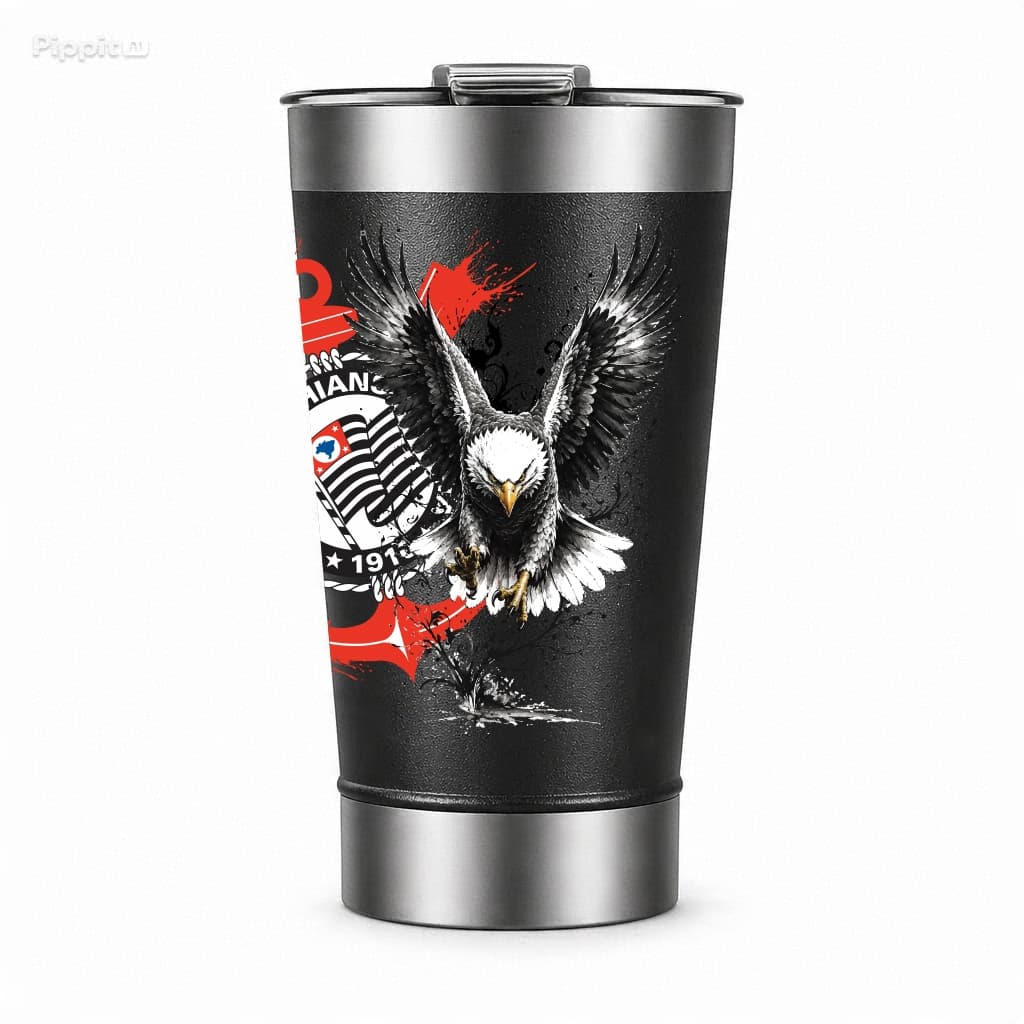 Copo termico Corinthians Aguia em aço inox com tampa e abridor de garrafa - 473ml