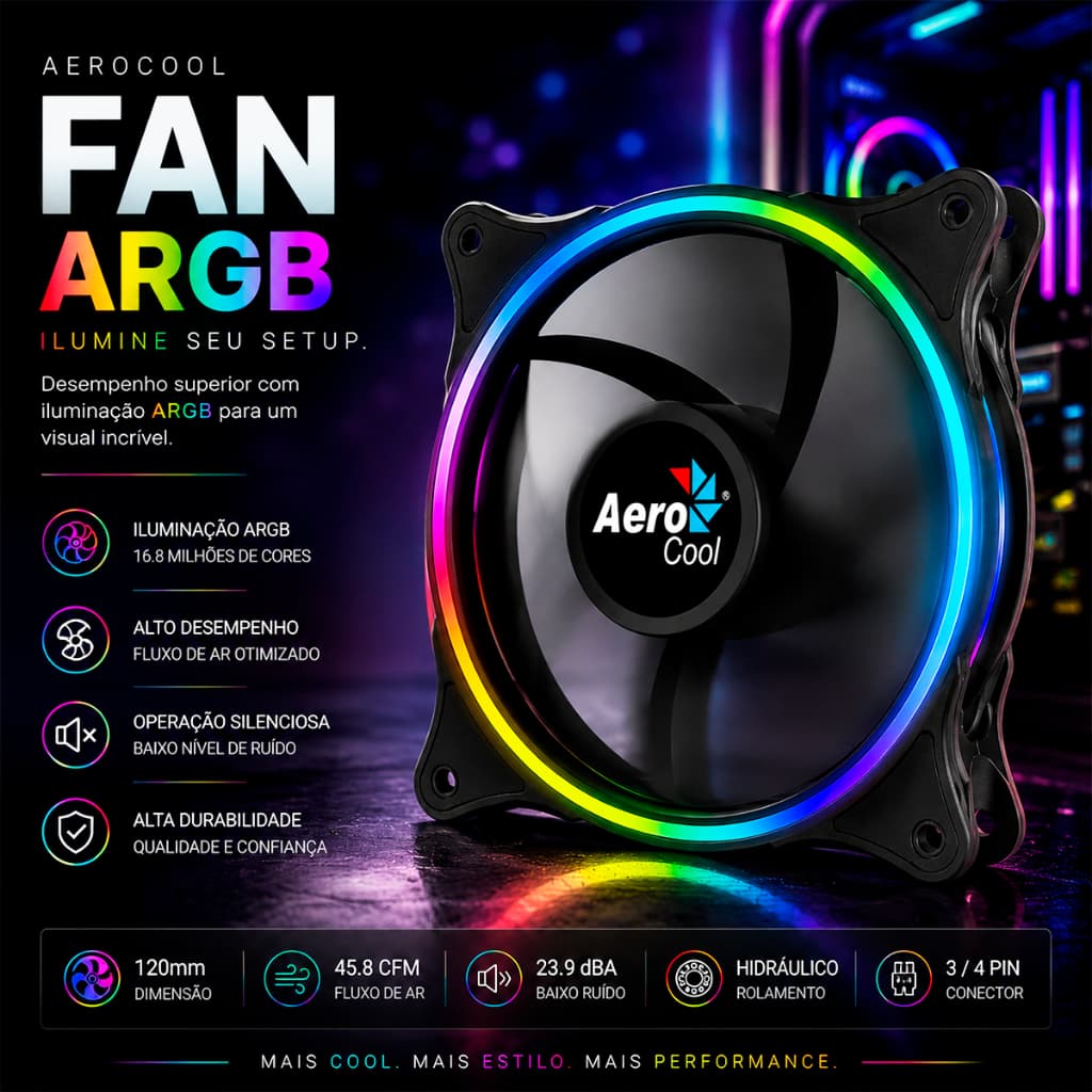 COOLER ARGB AEROCOOL 120MM MODELO ECLIPSE 12 CONEXÃO 6P E 3P