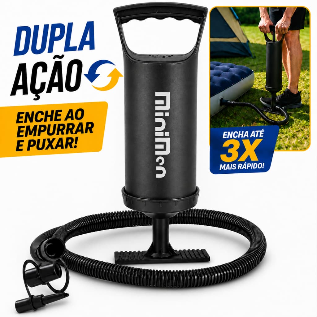 Bomba de Ar Manual Dupla Ação para Colchão Inflável, Piscina, Boia e Bote com 2 Adaptadores