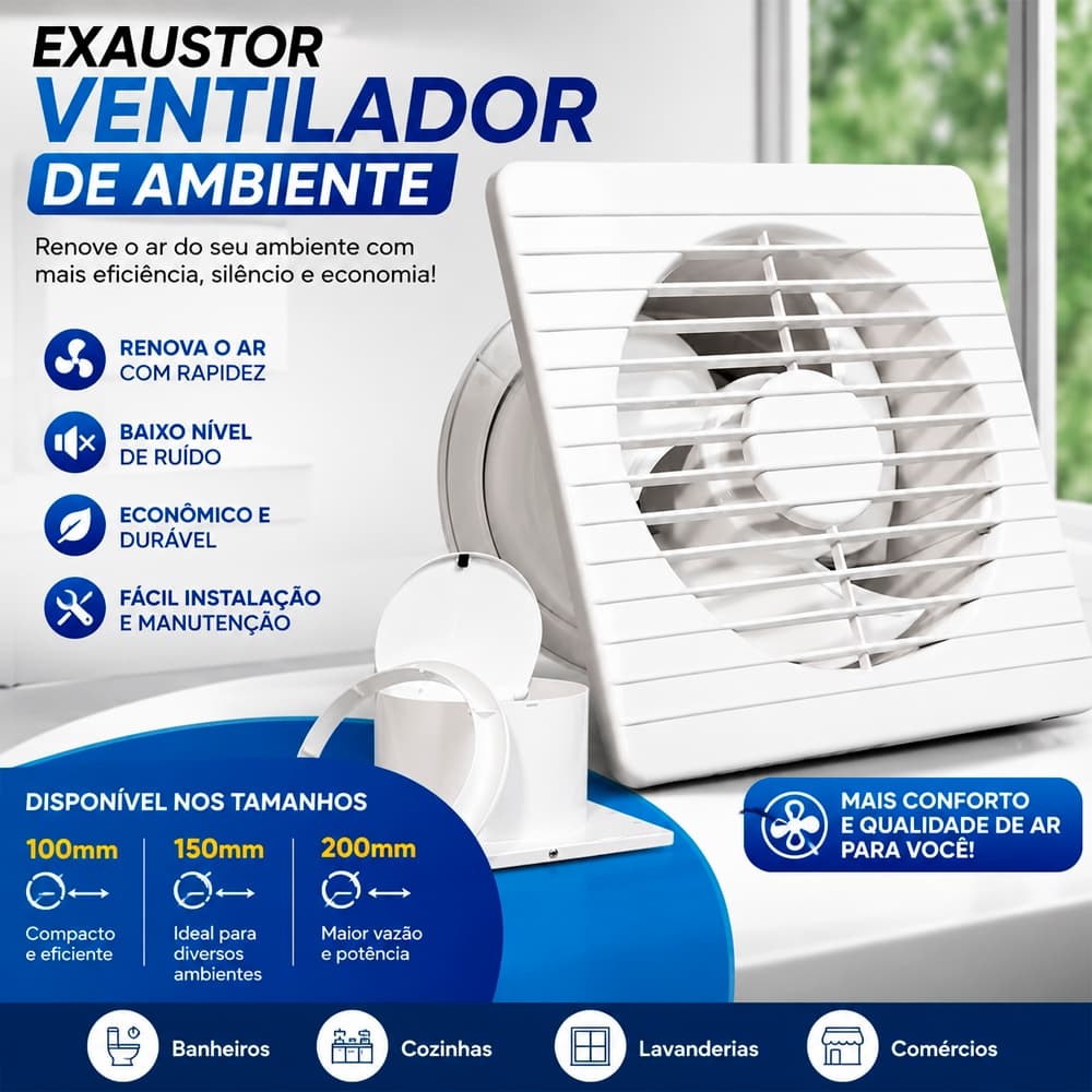 Exaustor Ventilador de Ambiente 100mm 150mm 200mm Silencioso Ventilação Banheiro Cozinha Bivolt