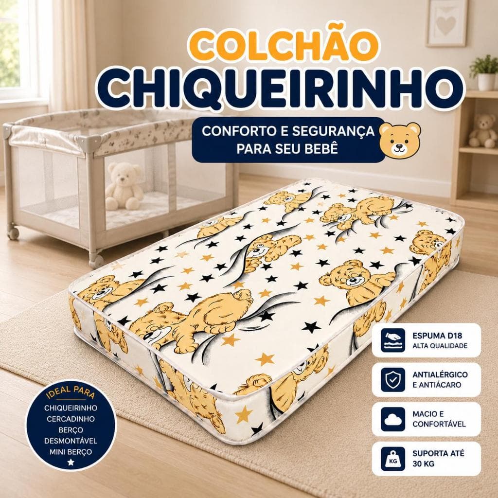 Colchão Chiqueirinho 100x70x10 D18 Berço Portátil Berço Desmontável Macio Antialérgico Antiácaro Bebê Infantil Inmetro