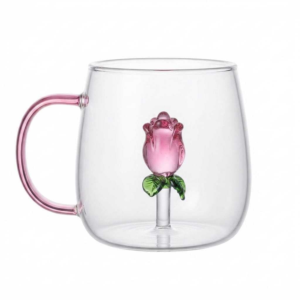 Caneca De Vidro Borossilicato Rosa 3D Flor Cristal 400ml Resistente a Calor Xícara Elegante Café Chá