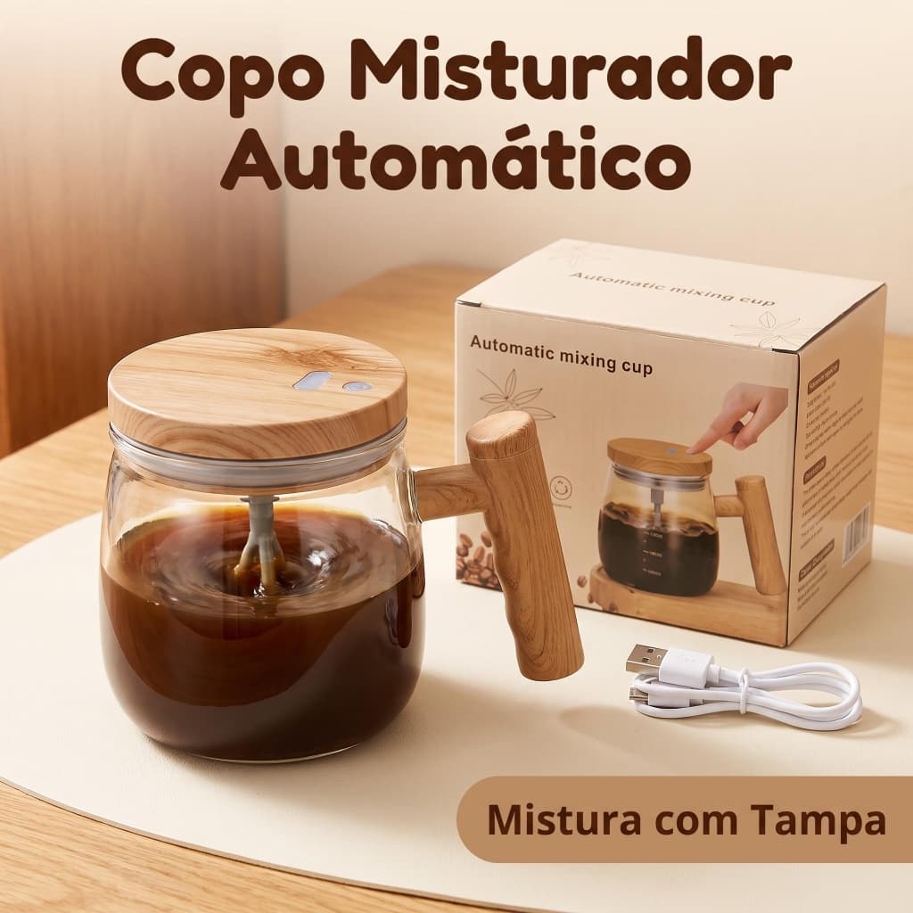 Caneca de Vidro Auto Misturadora com Alça de Madeira para Café, Shake e Bebidas Caseiras