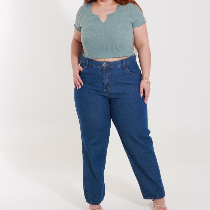 Calça Jeans Mom Básica Plus Size Cintura Alta Casual