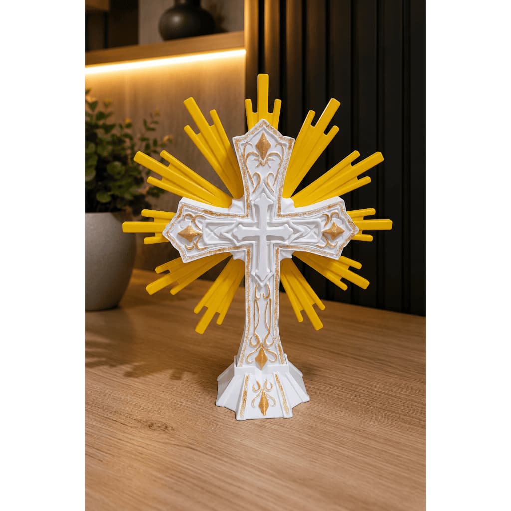Cruz Decorativa 3D Sagrada Luxo para Altar Decoração Religiosa Igreja Mesa Presente Cristão Branco e Dourado