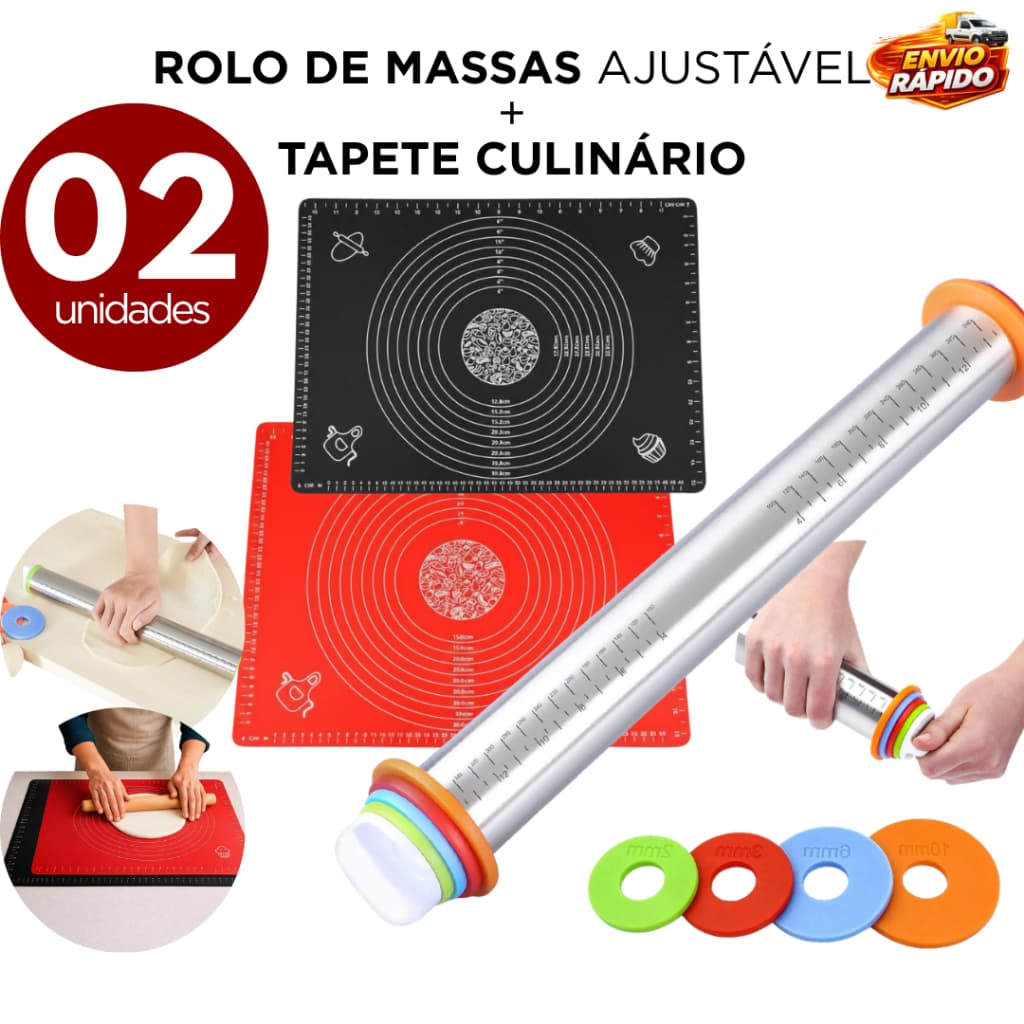 Kit Rolo de Massa Ajustável Inox com Tapete Culinário Silicone