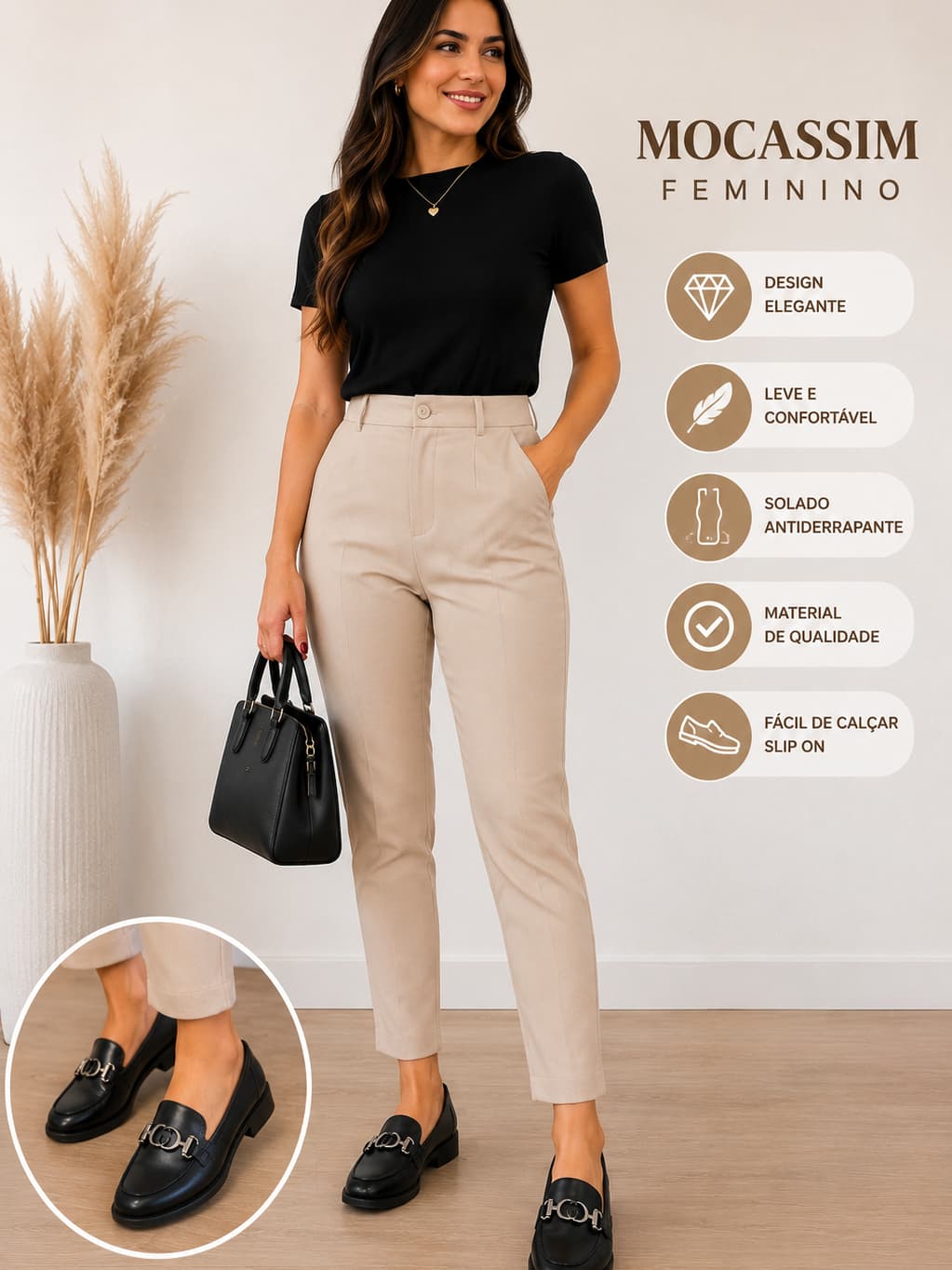 Mocassim Feminino Casual Elegante com Fivela Metalizada | Confortável, Leve e Sofisticado