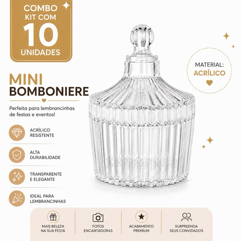 Kit 10 Mini Bomboniere potiche Acrílica plastico  Tampa, 7x5cm Lembrancinha Festa Casamento Chá de Bebê batizado 15anos