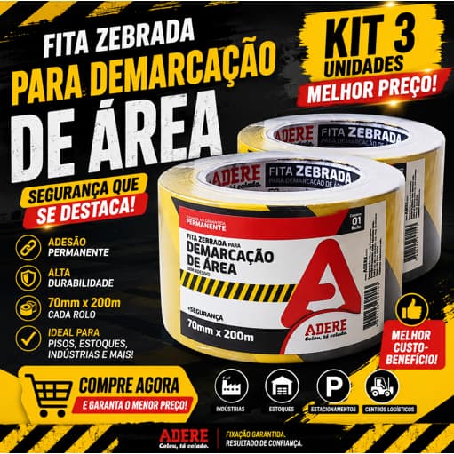 Kit 3 Fitas Zebradas Sinalizadora Demarcação de Área Adere 70mm x 200m