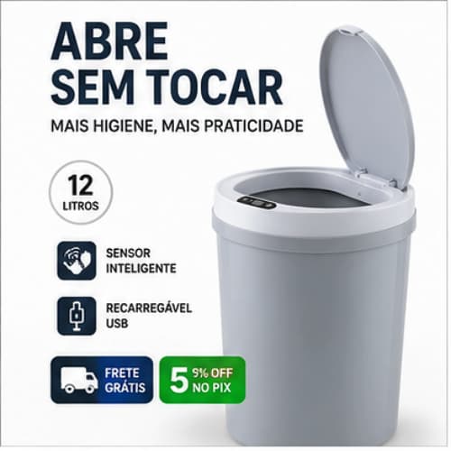 Lixeira Automática 12L com Sensor Recarregável USB Touch Vibração Cinza Globalmix Abertura Inteligente
