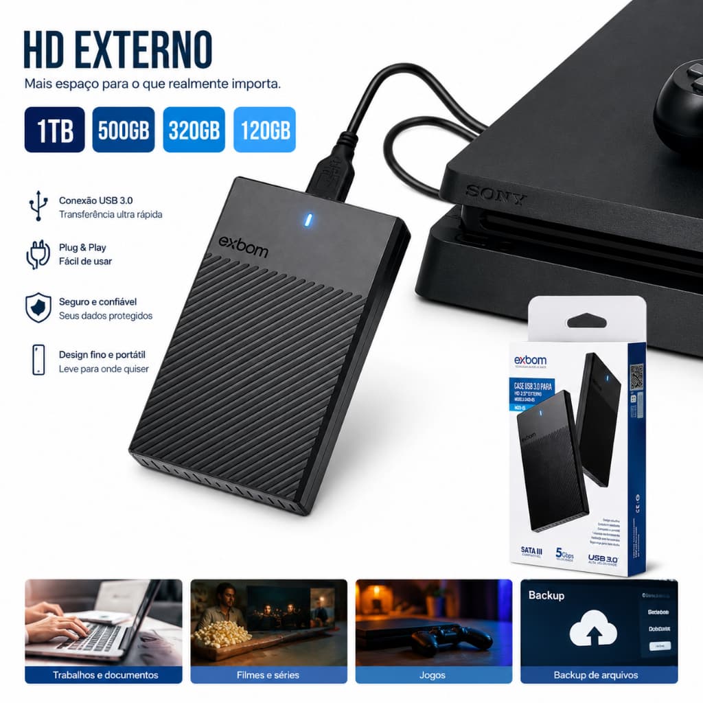 HD Externo 1TB Portátil USB 3.0 Case Slim Black para PC, PS4, Xbox e TV - Pronta Entrega (BR)