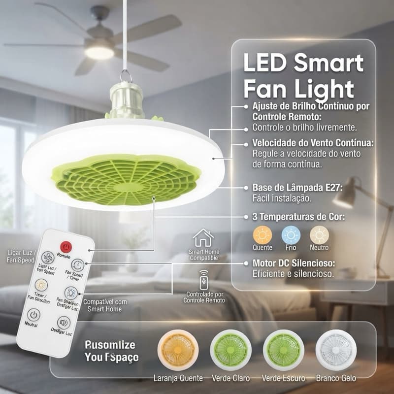 Ventilador de Teto LED 30W Soquete E27 com Controle Remoto 3 Velocidades Luz Branca Bivolt 85-265V