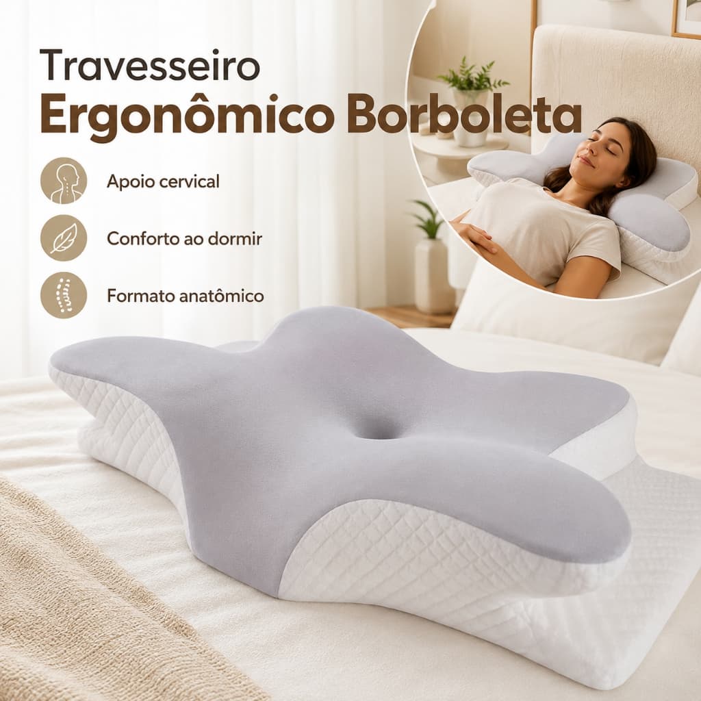 Travesseiro Ortopédico Borboleta Cervical Viscoelástico com Fronha Lavável para Alívio de Dores na Coluna e Cabeça