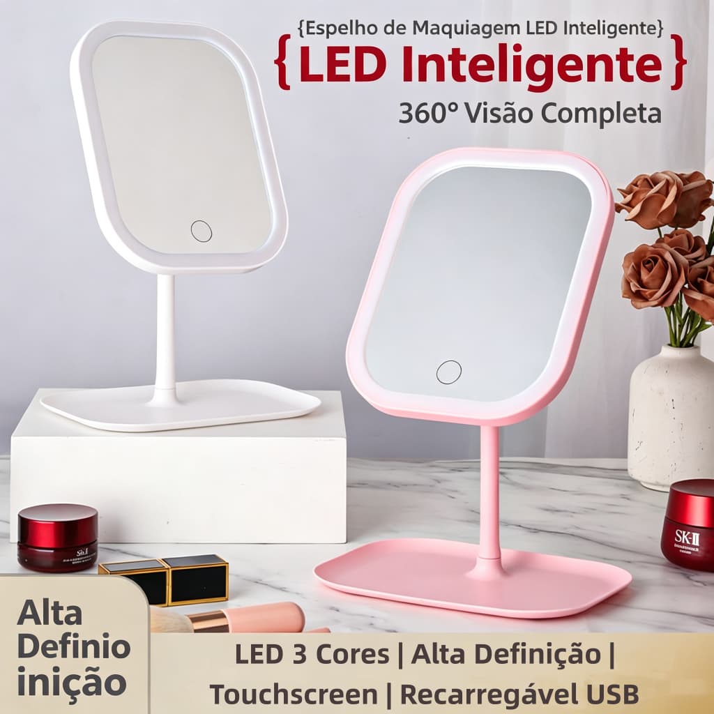 Espelho De Maquiagem Mesa Inteligente Com Luz LED USB Portátil Dobrável Ajustável Touch
