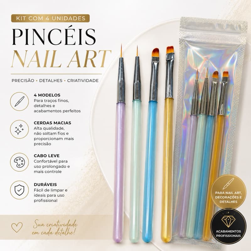 Kit 4 Pincéis Nail Art Profissional Decoração Unhas Gel Fibra Acrigel Manicure