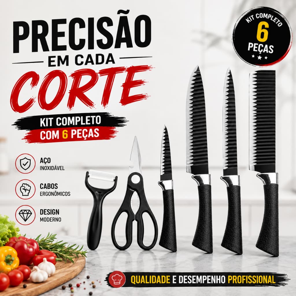 Jogo de Facas 6 Peças Aço Inox Kit Facas Cozinha Profissional Churrasco Chef Tesoura Descascador