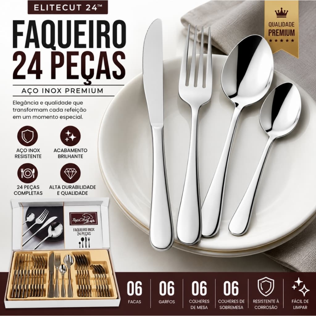 Jogo de Faqueiro 24 Peças EliteCut 24™ Aço Inox Completo 6 Facas 6 Garfos 6 Colheres de Mesa 6 Colheres de Sobremesa