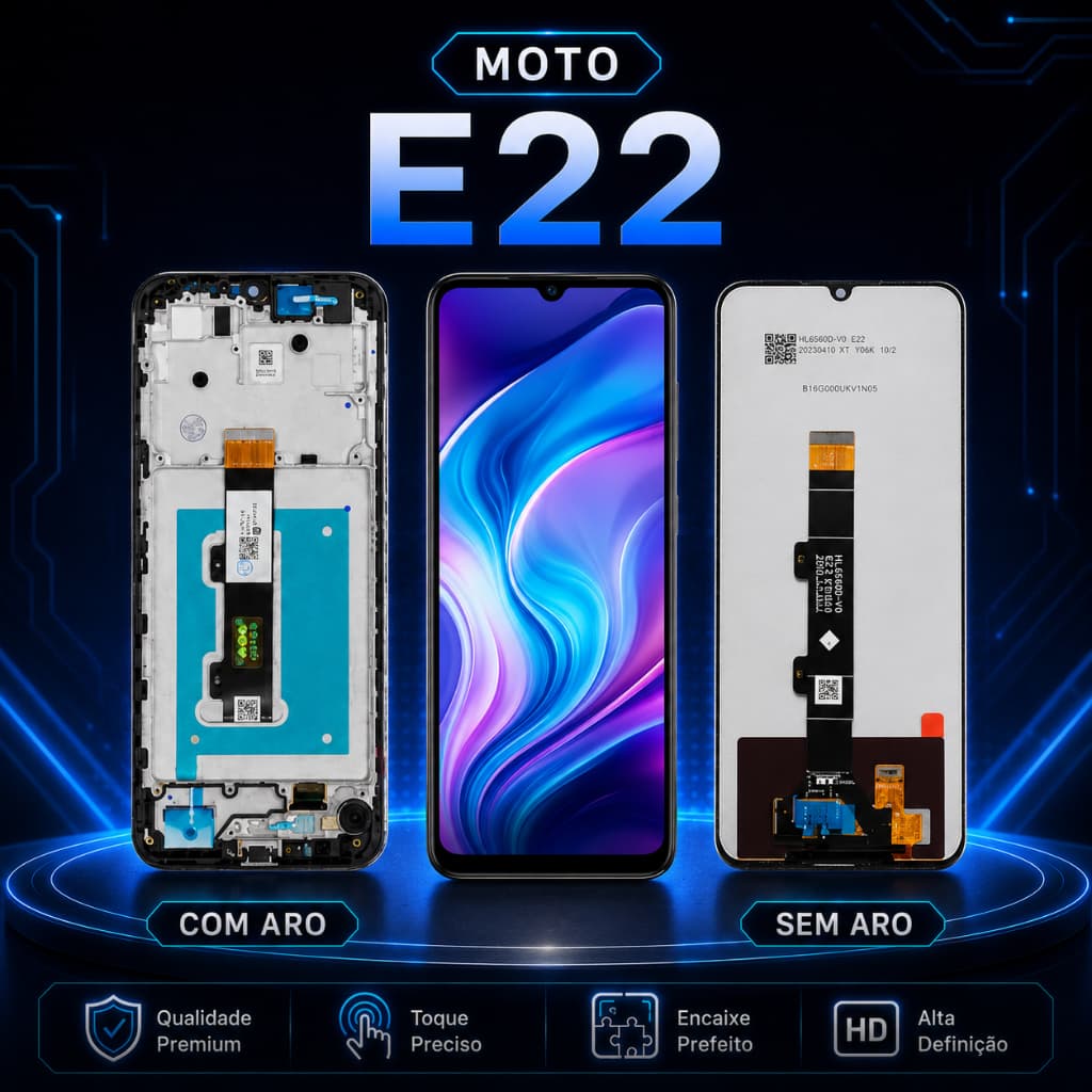 Tela LCD para Moto E22 com Touch Screen, Display Premium, Versão Com Aro ou Sem Aro