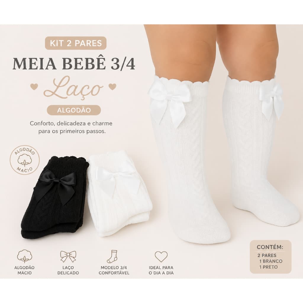 Meia Bebê 3/4 com Laço e Detalhe em Algodão Selene 1630 Confortável Macia para Meninas Infantil